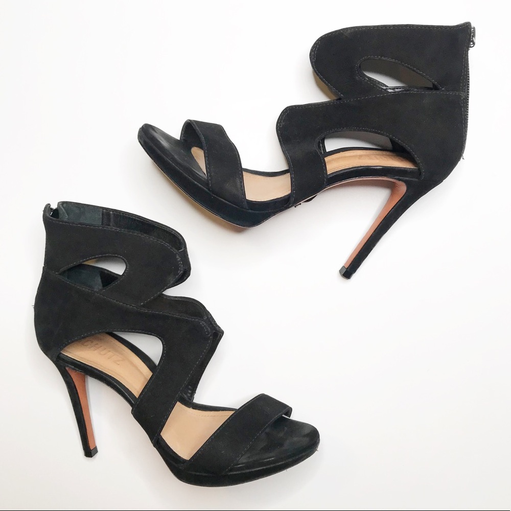 Schultz black leather suede strappy heels